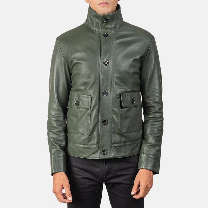 Columbus Green Leather Bomber Jacket image 4