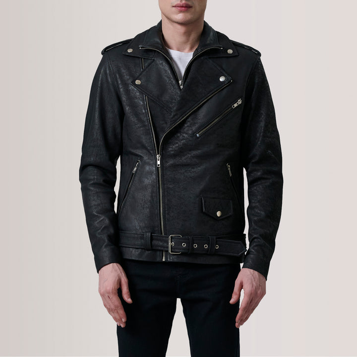 Kole Waxed Brown Leather Double Rider Jacket - Distressed Black image