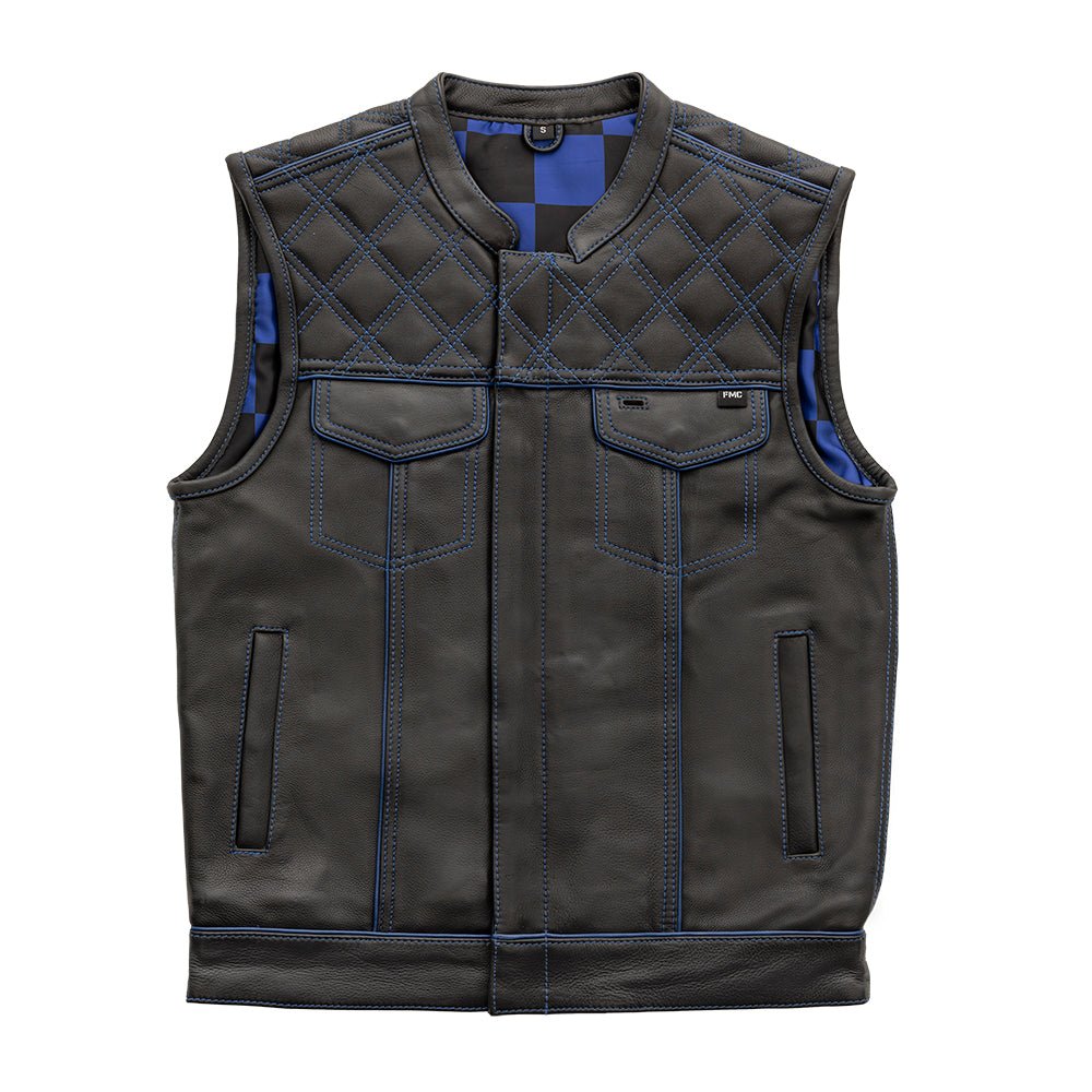Finish Line - Blue Checker - Men's Motorcycle Leather Vest image 0