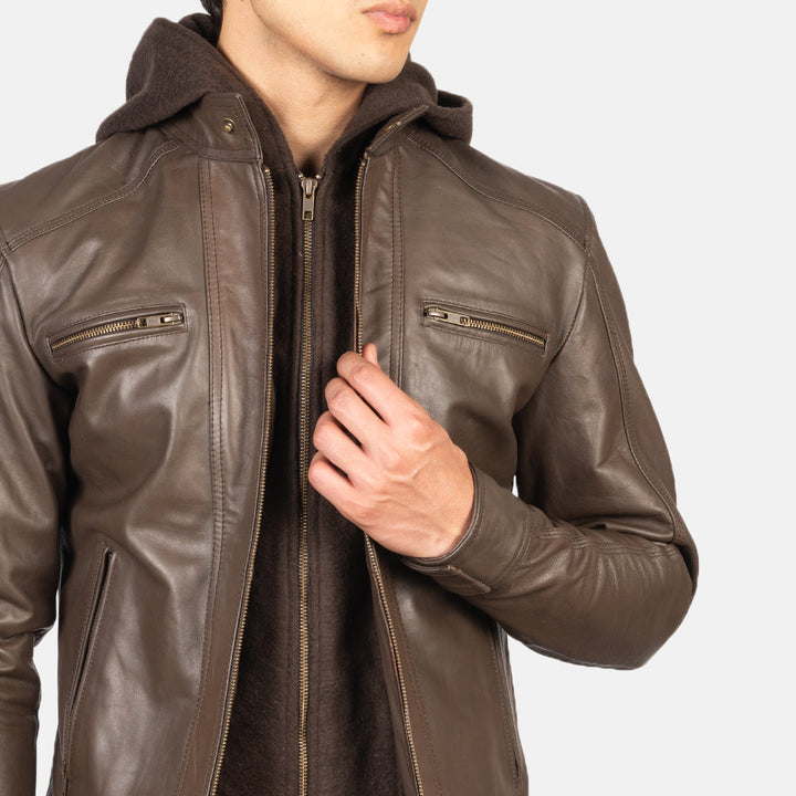 Hector Brown Hooded Leather Biker Jacket image 1