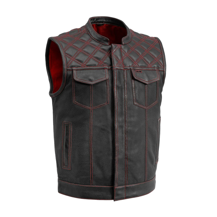 Downside Perforated Men's Motorcycle Leather Vest - Red image