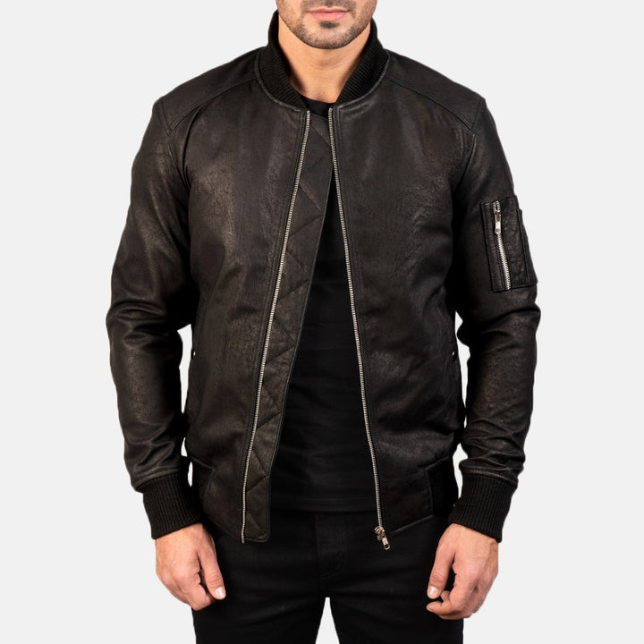 Bomia Ma-1 Distressed Black Leather Bomber Jacket image 3