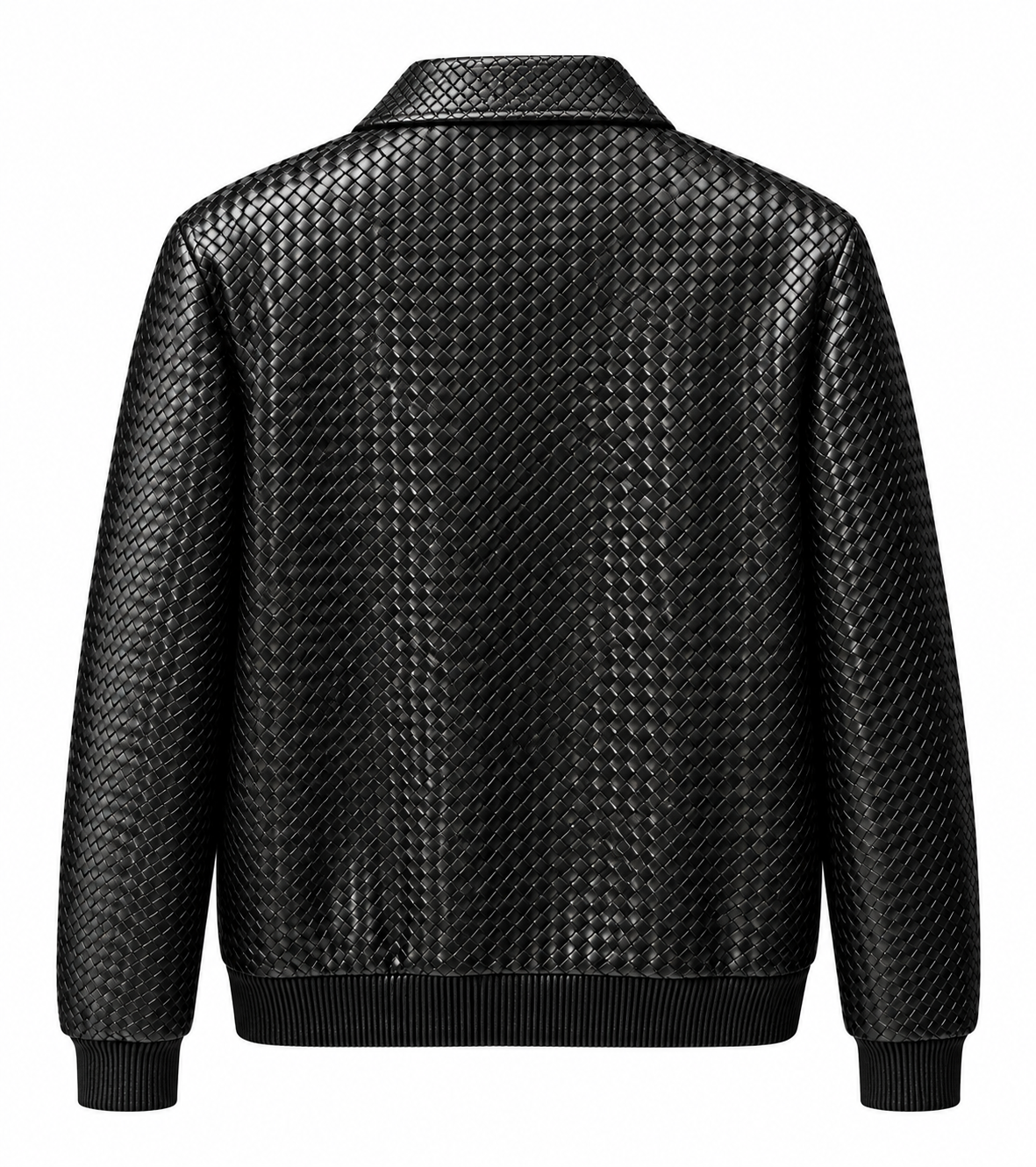 Men's Luxury Genuine Leather Black Woven Bomber Jacket Zip Pockets Ribbed Cuffs
