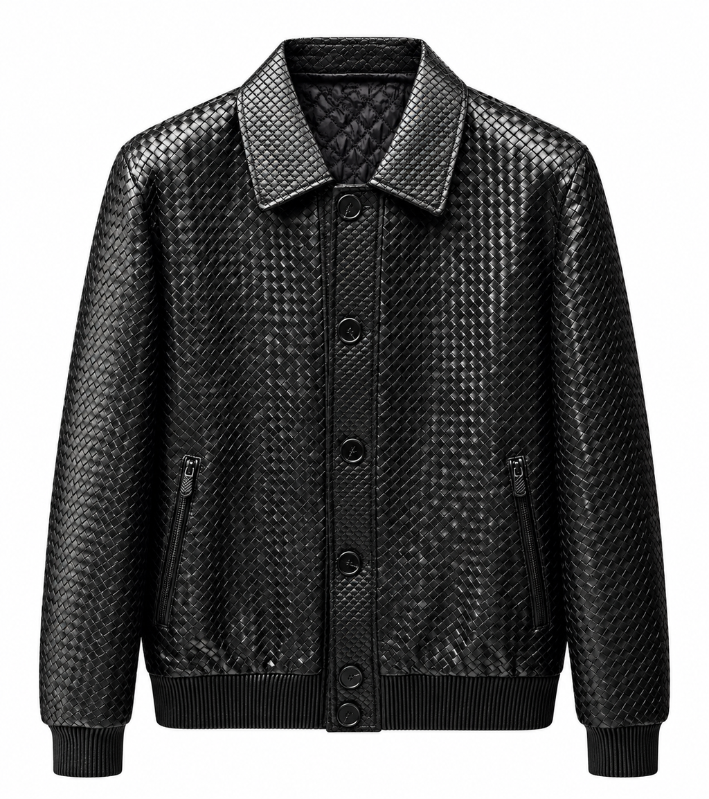 Men's Luxury Genuine Leather Black Woven Bomber Jacket Zip Pockets Ribbed Cuffs