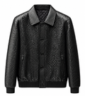 Men's Luxury Genuine Leather Black Woven Bomber Jacket Zip Pockets Ribbed Cuffs