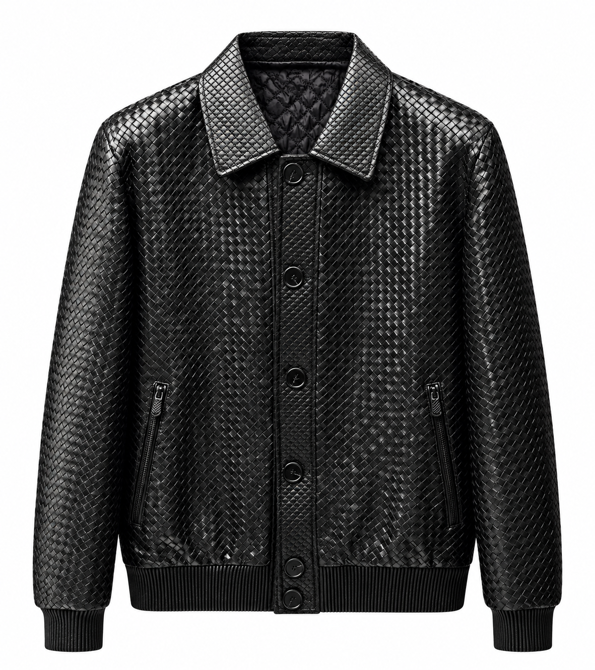 Men's Luxury Genuine Leather Black Woven Bomber Jacket Zip Pockets Ribbed Cuffs