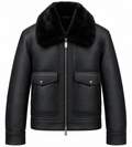 Luxury Men's Genuine Leather Black Sherpa Fur Collar Bomber Jacket Winter