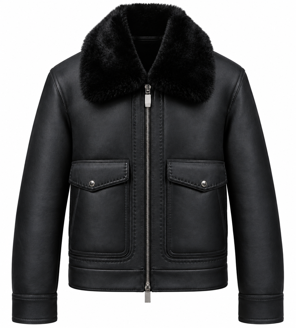 Luxury Men's Genuine Leather Black Sherpa Fur Collar Bomber Jacket Winter