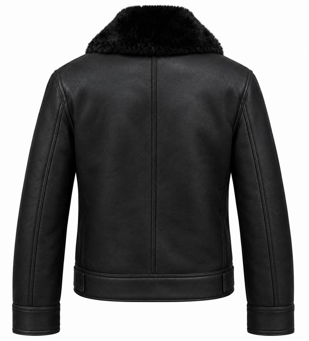 Luxury Men's Genuine Leather Black Sherpa Fur Collar Bomber Jacket Winter