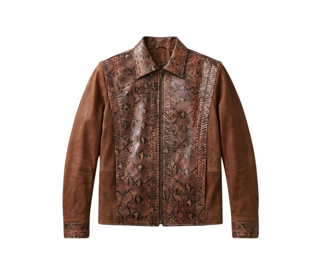 Handmade Python & Suede Leather Jacket | Vintage Brown Zip Up Biker Outerwear