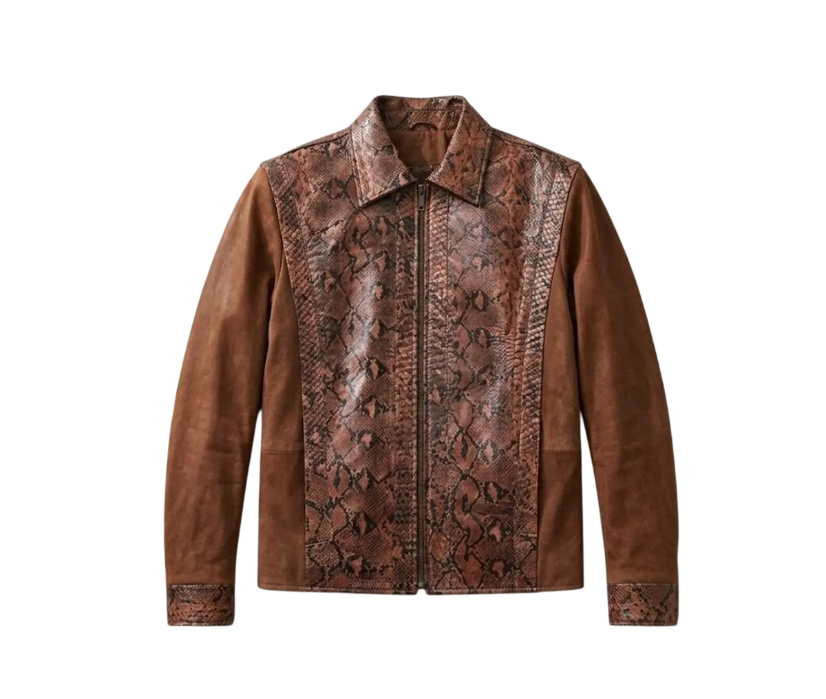 Handmade Python & Suede Leather Jacket | Vintage Brown Zip Up Biker Outerwear