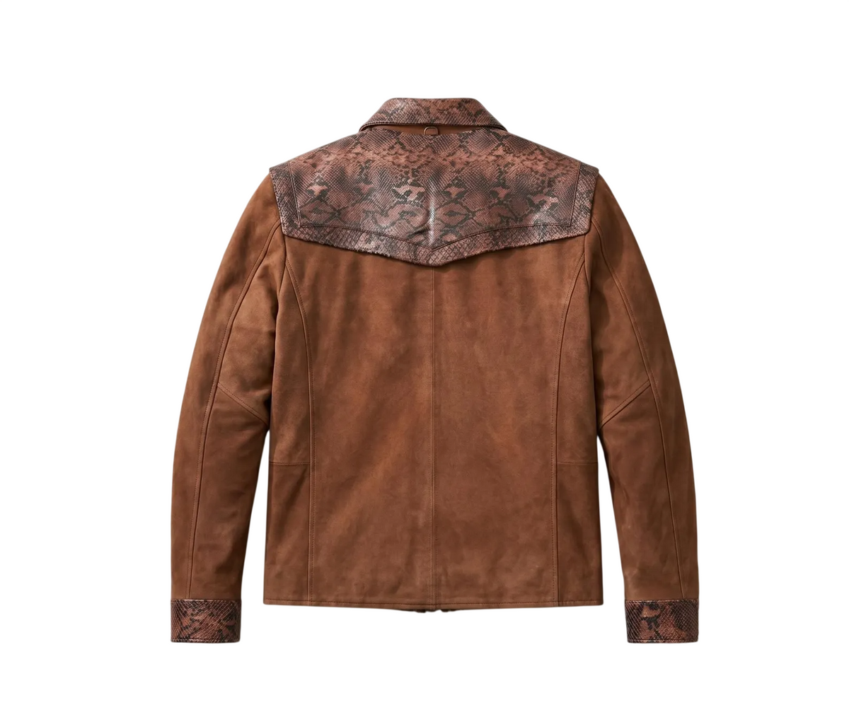 Handmade Python & Suede Leather Jacket | Vintage Brown Zip Up Biker Outerwear