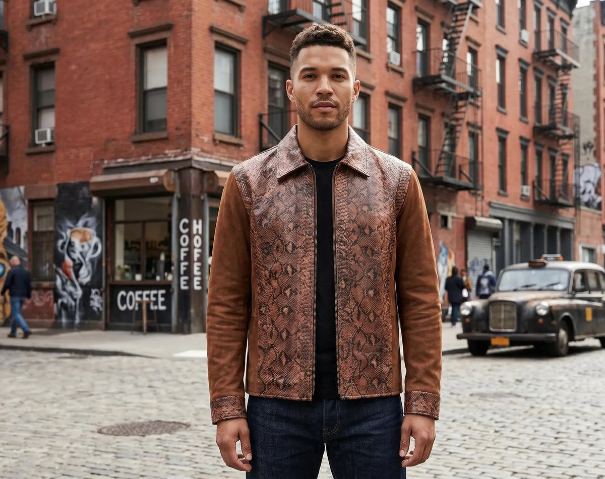 Handmade Python & Suede Leather Jacket | Vintage Brown Zip Up Biker Outerwear