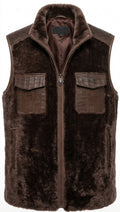 Men's Brown Leather Vest Faux Sheepskin Crocodile Pattern Warm Fur Waistcoat
