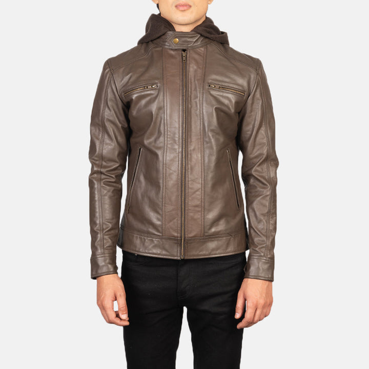 Hector Black Hooded Leather Biker Jacket - Brown image