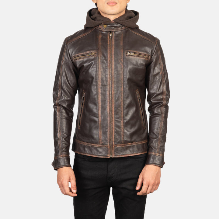 Hector Black Hooded Leather Biker Jacket - Vintage Brown image
