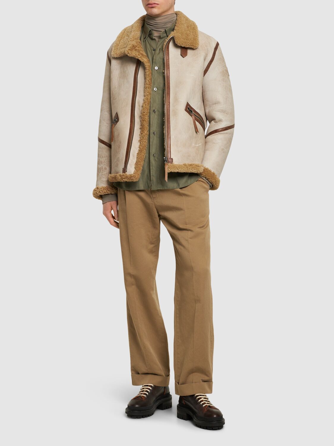 Men's Cream Full-Grain  Cowhide Leather Sheep Fur Jacket Brown Trim Real Luxury Aviator Bomber