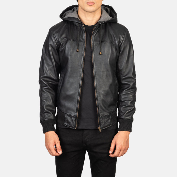 Nintenzo Black Hooded Leather Bomber Jacket image 3
