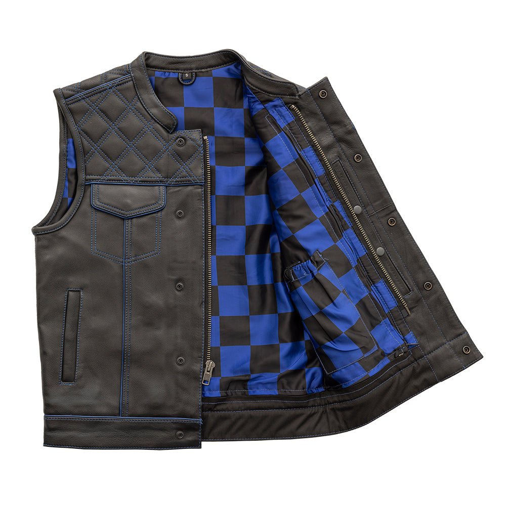 Finish Line - Blue Checker - Men's Motorcycle Leather Vest image 2