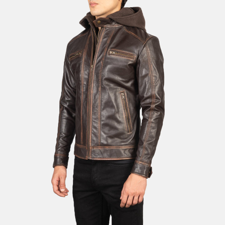 Hector Vintage Brown Hooded Leather Biker Jacket image 0