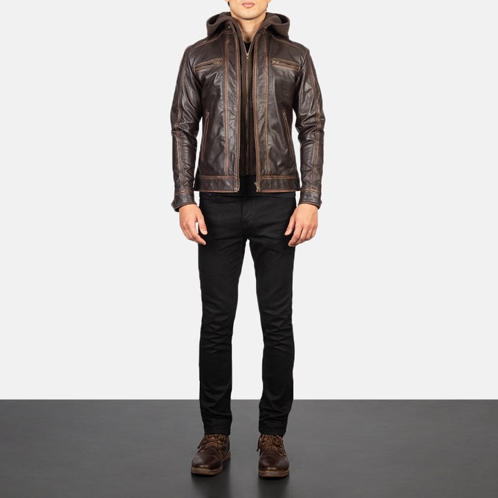 Hector Vintage Brown Hooded Leather Biker Jacket image 4