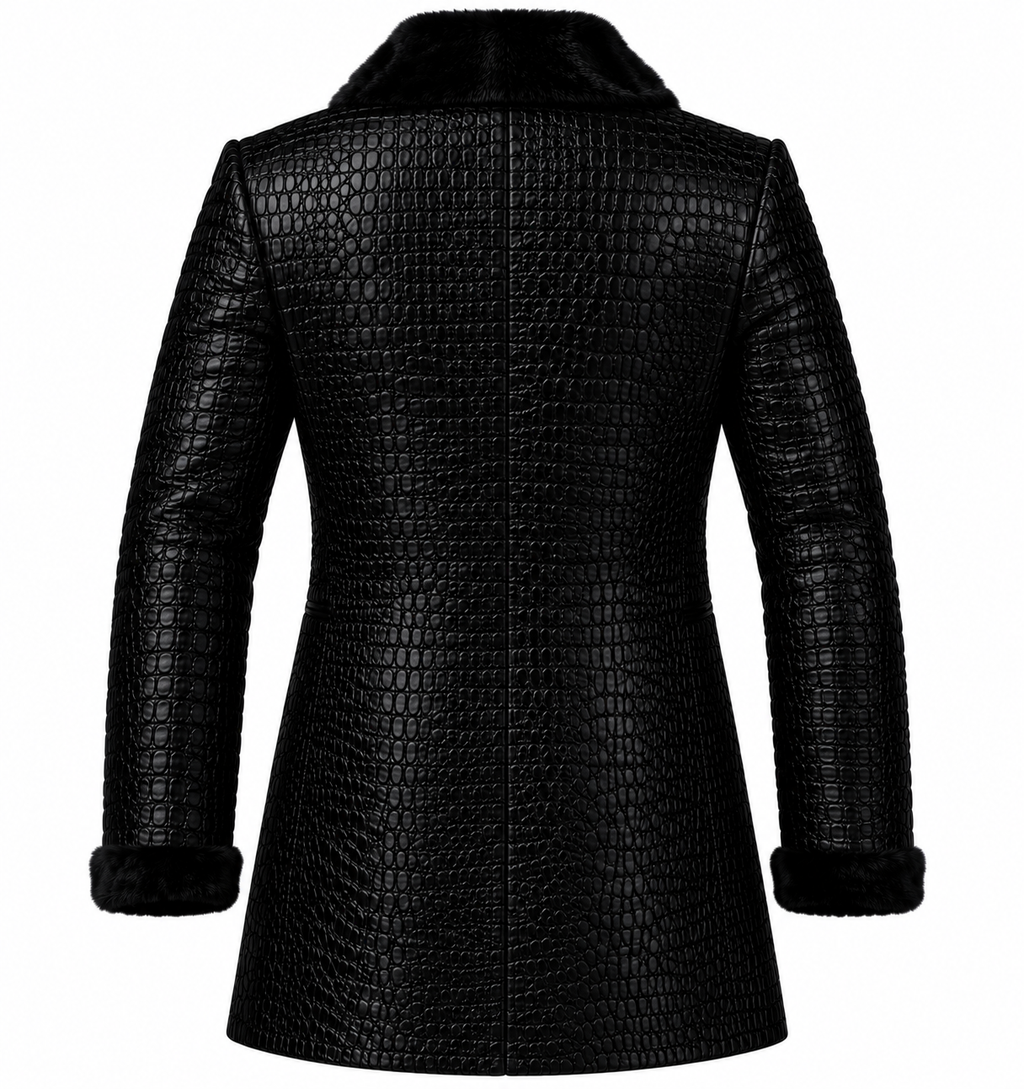 Luxury Men's Black Genuine Leather Crocodile Embossed Coat Fur Collar & Cuffs