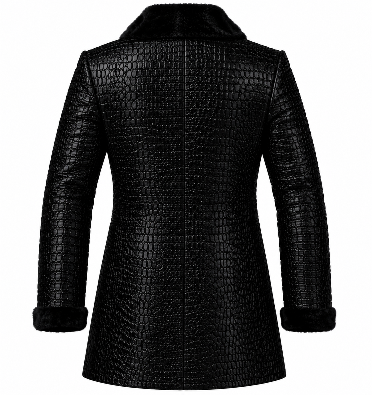 Luxury Men's Black Genuine Leather Crocodile Embossed Coat Fur Collar & Cuffs