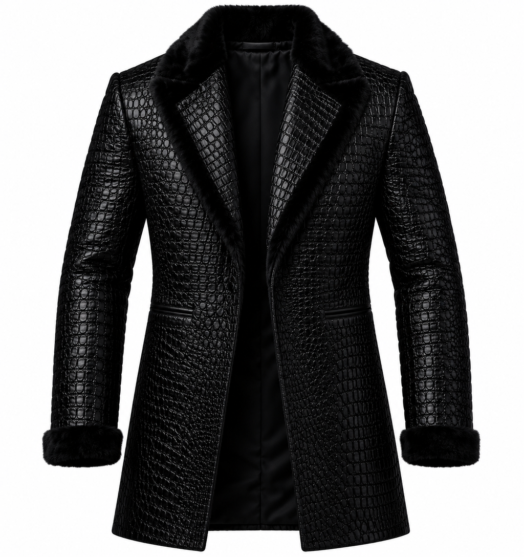 Luxury Men's Black Genuine Leather Crocodile Embossed Coat Fur Collar & Cuffs
