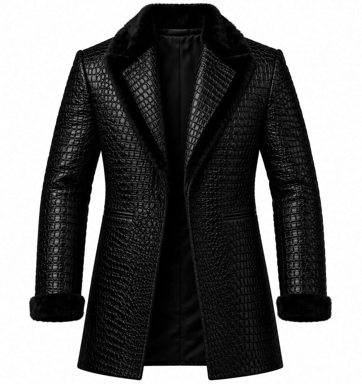 Luxury Men's Black Genuine Leather Crocodile Embossed Coat Fur Collar & Cuffs
