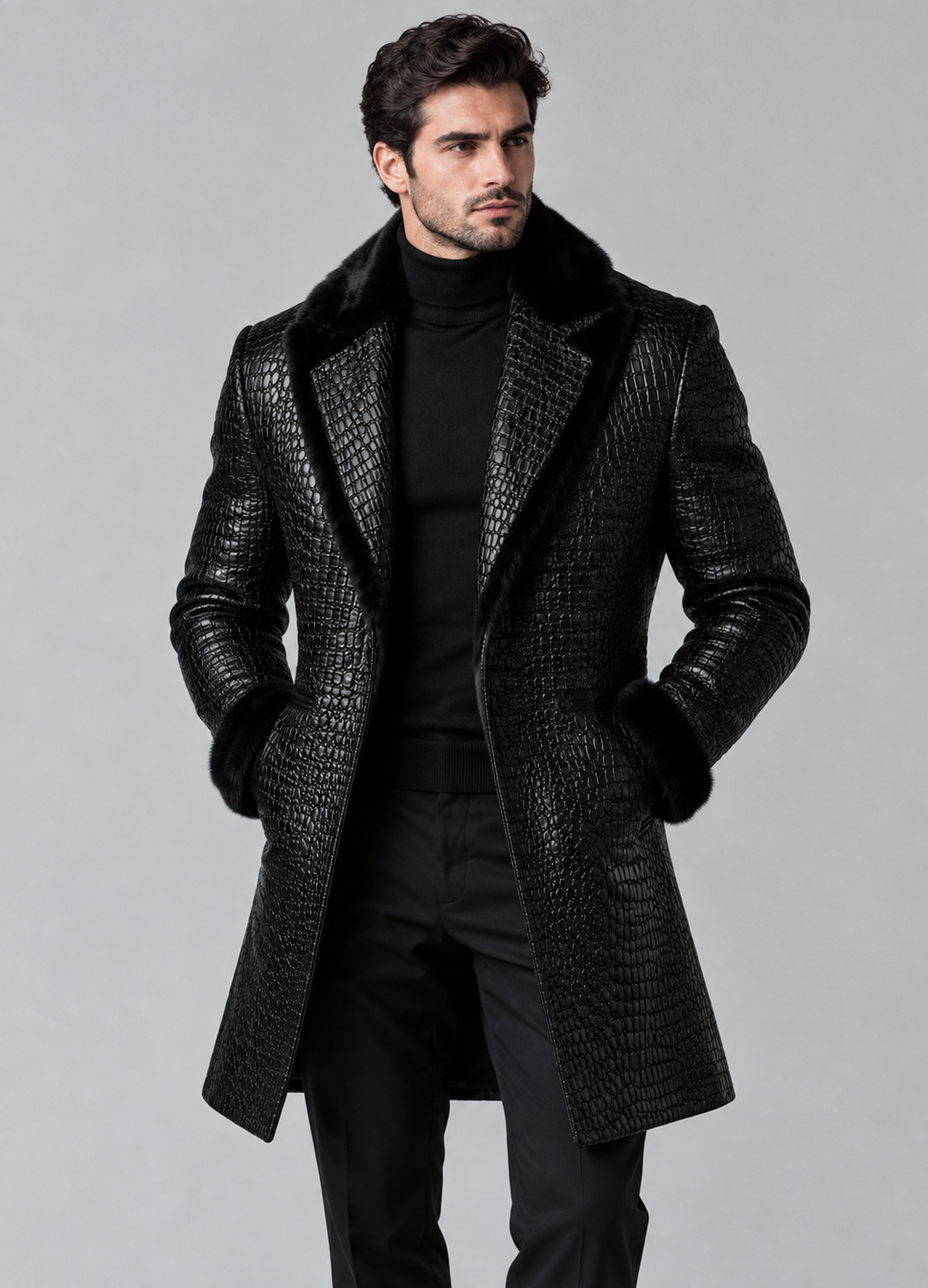 Luxury Men's Black Genuine Leather Crocodile Embossed Coat Fur Collar & Cuffs