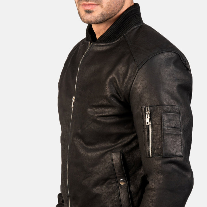Bomia Ma-1 Distressed Black Leather Bomber Jacket image 2