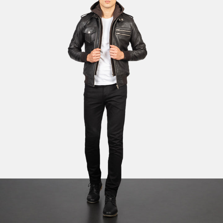 Bravado Black Hooded Leather Bomber Jacket - Brown image