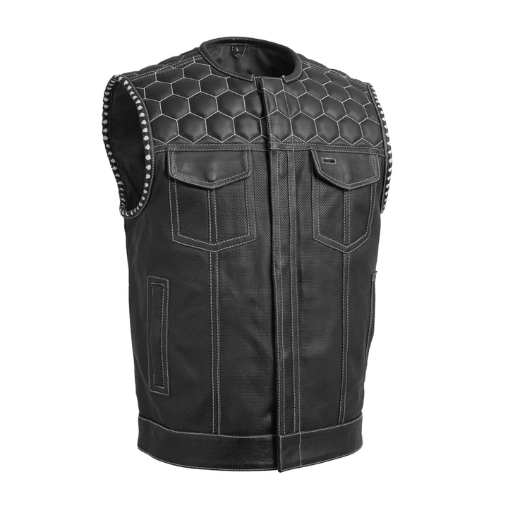 Hornet Perforated Men's Club Style Leather Vest - Black White image