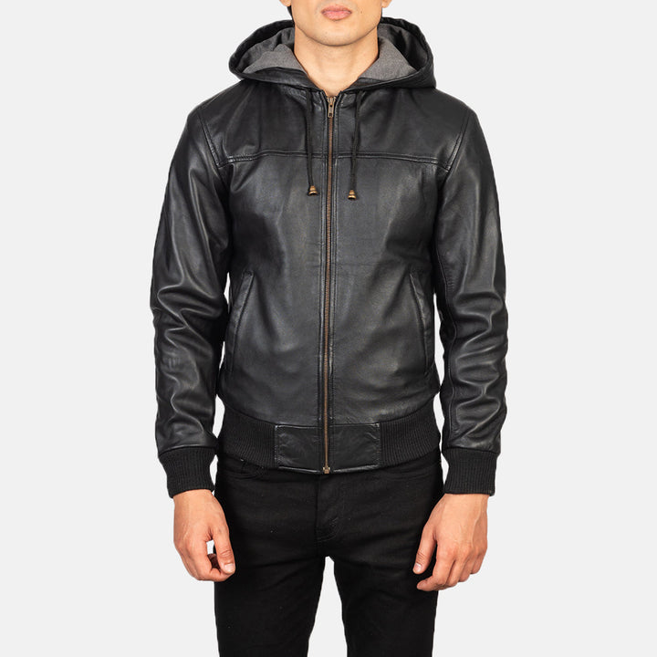 Nintenzo Black Hooded Leather Bomber Jacket image 4