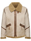 Men's Cream Full-Grain  Cowhide Leather Sheep Fur Jacket Brown Trim Real Luxury Aviator Bomber