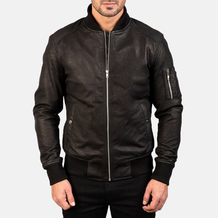 Bomia Ma-1 Distressed Black Leather Bomber Jacket - Distressed Black image