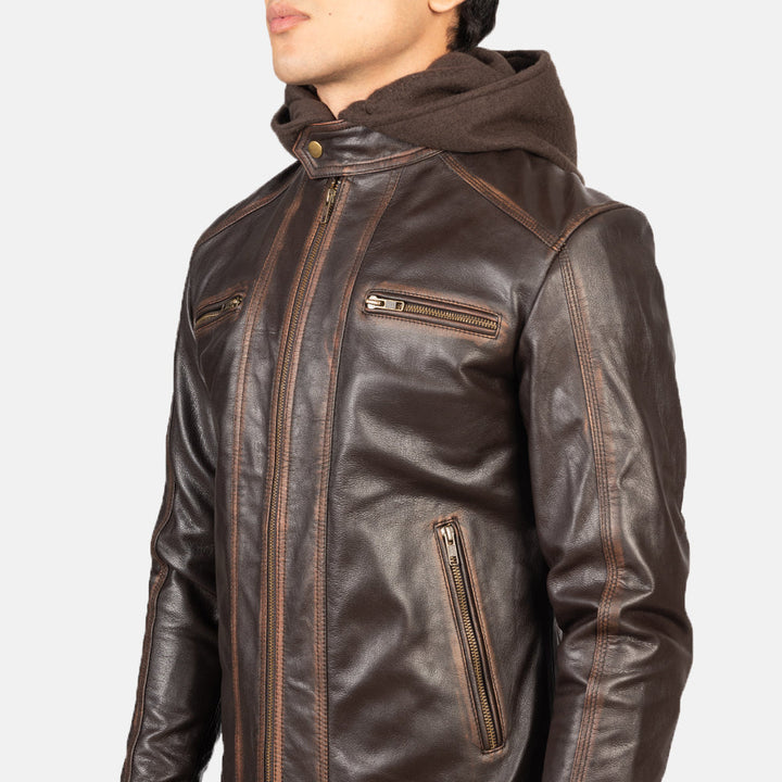 Hector Vintage Brown Hooded Leather Biker Jacket image 3