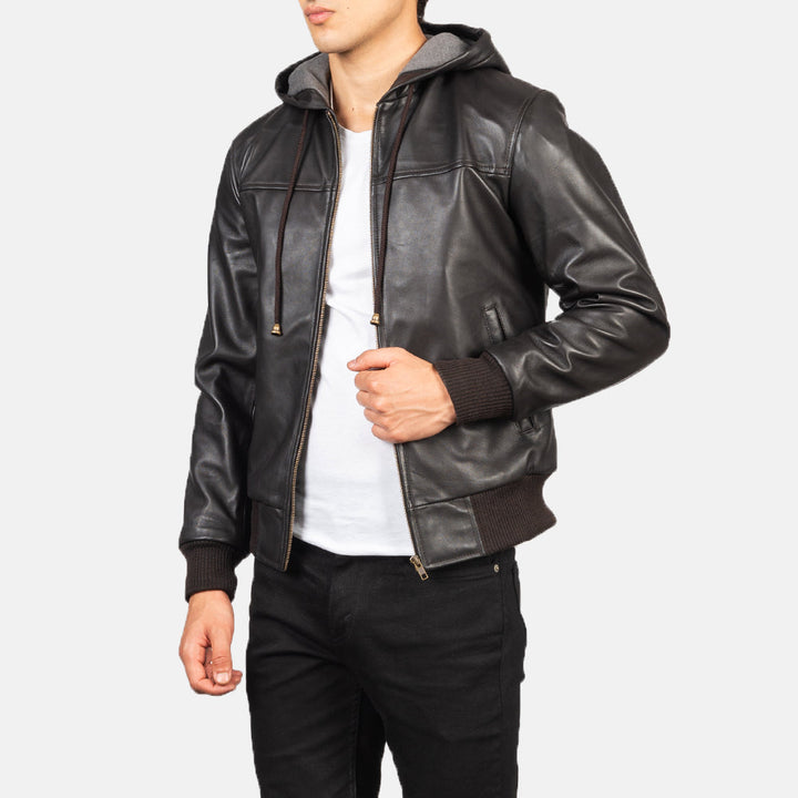 Nintenzo Brown Hooded Leather Bomber Jacket - Brown image