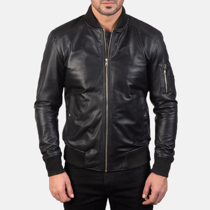 Bomia Ma-1 Black Leather Bomber Jacket image 3