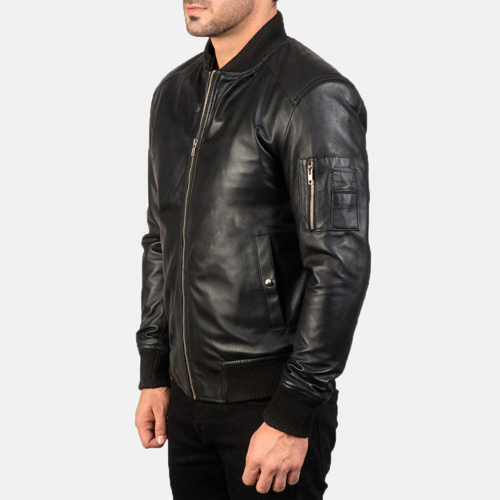 Bomia Ma-1 Black Leather Bomber Jacket image 4