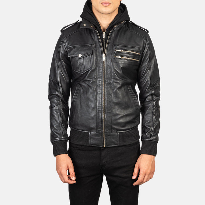 Bravado Black Hooded Leather Bomber Jacket image 3
