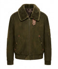 Men's Green Genuine Suede Leather Jacket Sherpa Collar Bomber Flight Coat Zip