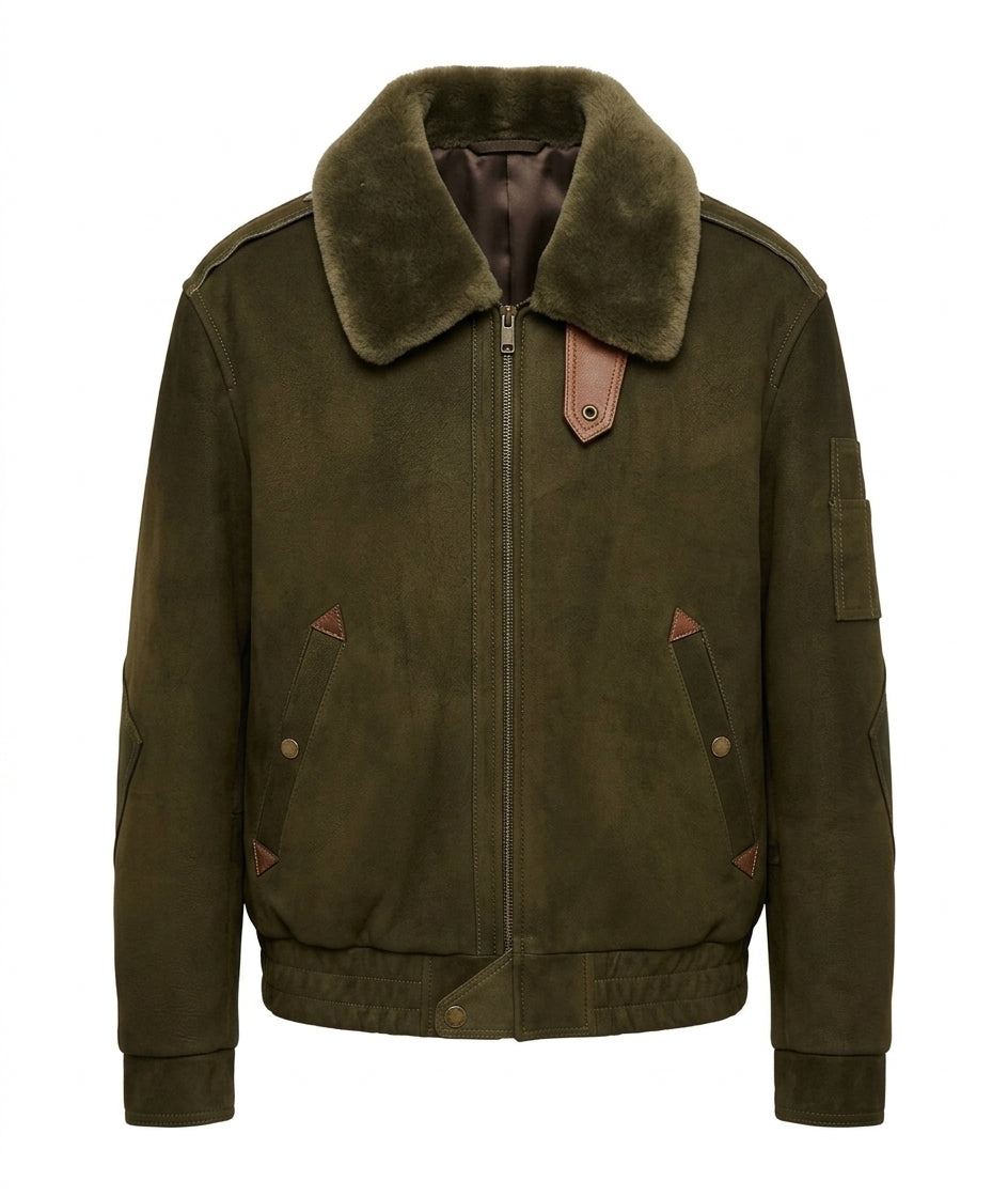 Men's Green Genuine Suede Leather Jacket Sherpa Collar Bomber Flight Coat Zip