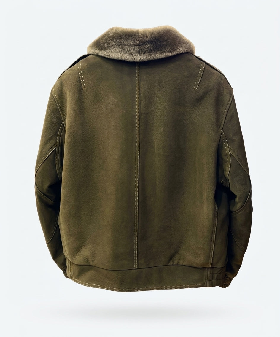 Men's Green Genuine Suede Leather Jacket Sherpa Collar Bomber Flight Coat Zip
