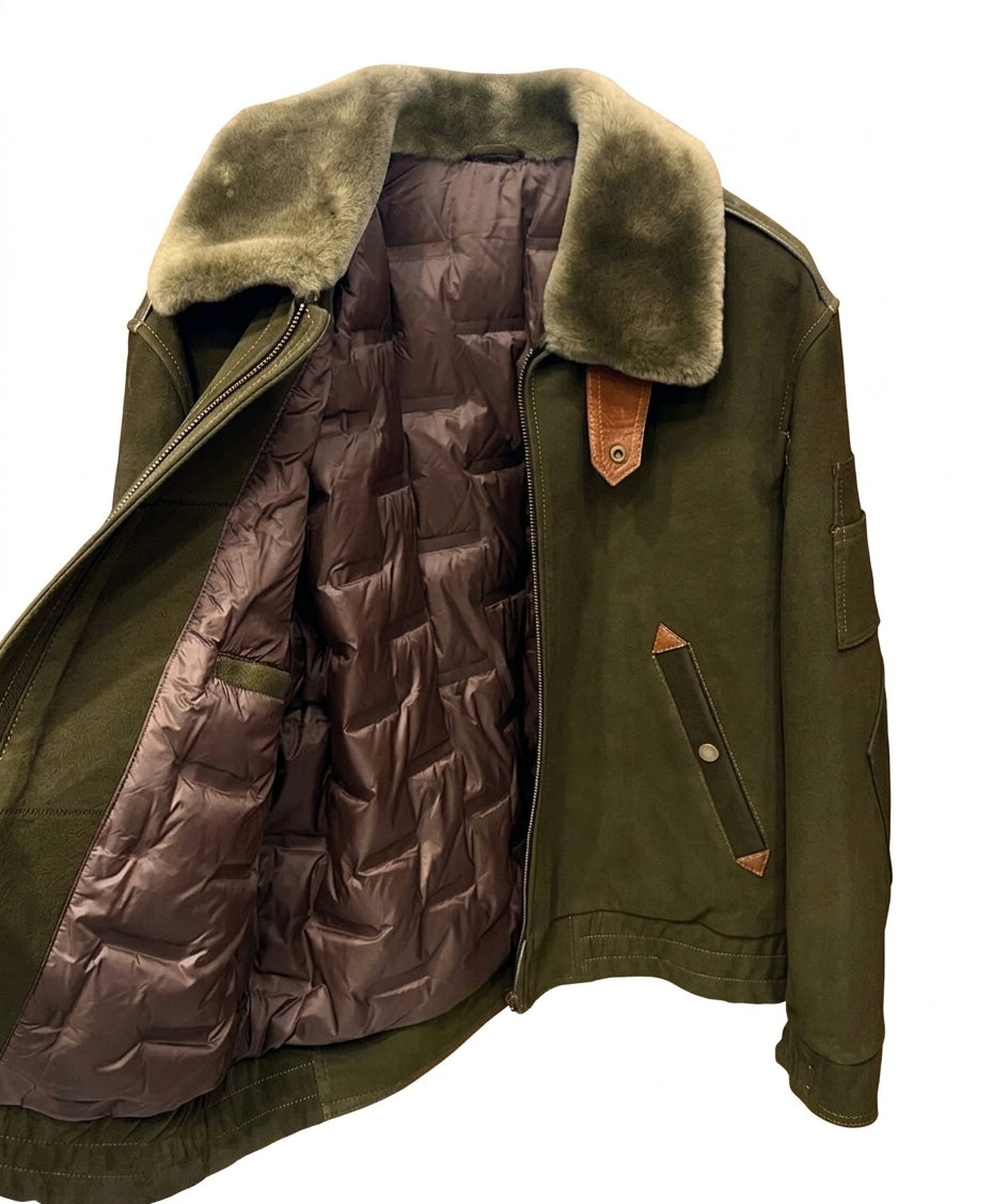 Men's Green Genuine Suede Leather Jacket Sherpa Collar Bomber Flight Coat Zip