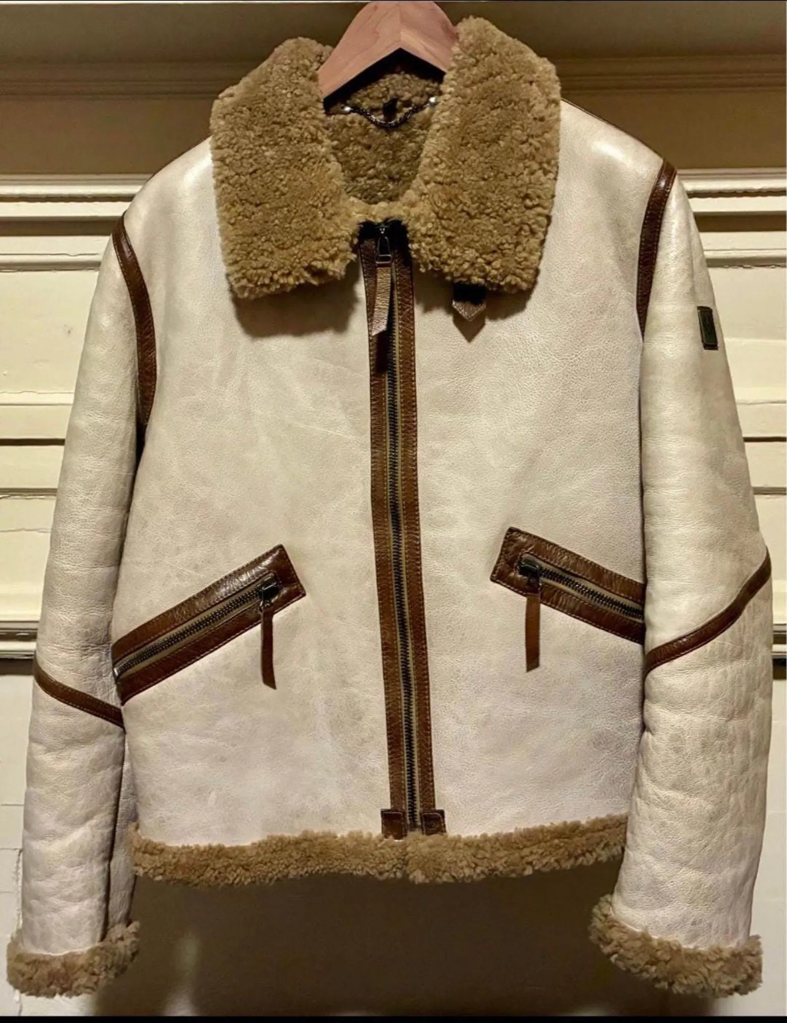 Men's Cream Full-Grain  Cowhide Leather Sheep Fur Jacket Brown Trim Real Luxury Aviator Bomber