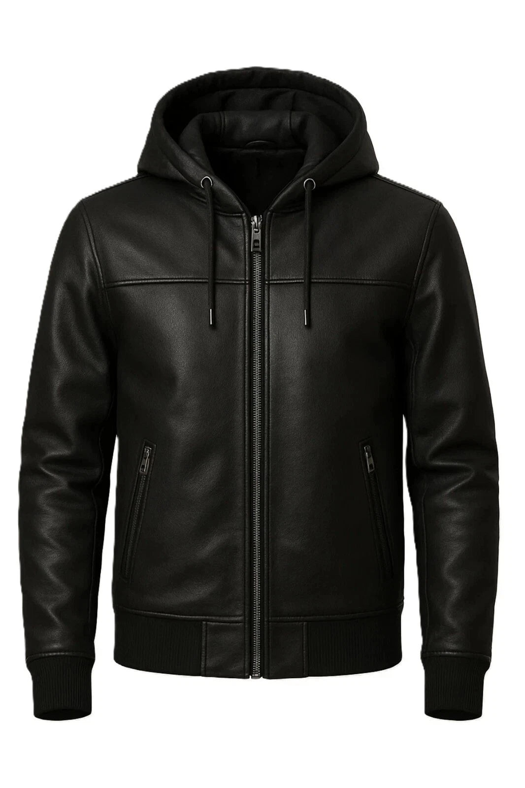 Men's Black Real Leather Hoodie Genuine Cowhide Leather Bomber Hooded Jacket