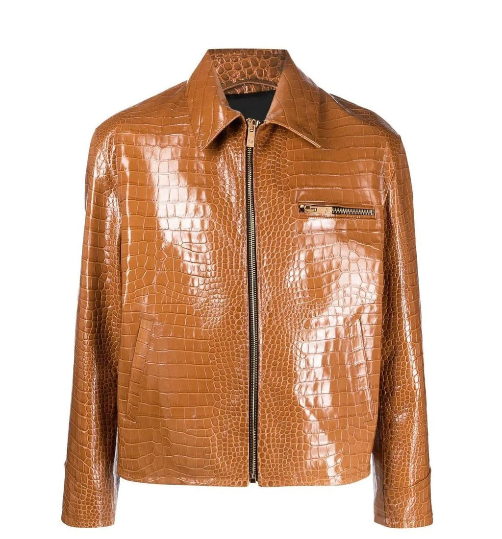 Men's Leather Jacket Brown Crocodile Pattern Real Luxury Leather Jacket