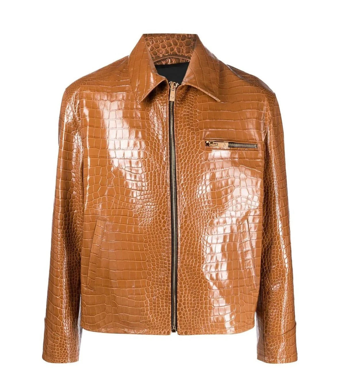 Men's Leather Jacket Brown Crocodile Pattern Real Luxury Leather Jacket