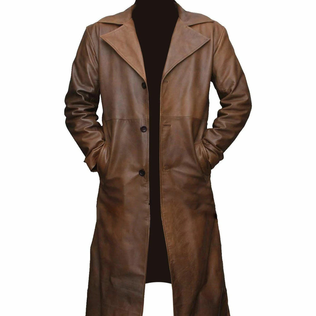 Mens Genuine Leather Trench Coat Brown Waxed Leather Jacket Steampunk Long Coat